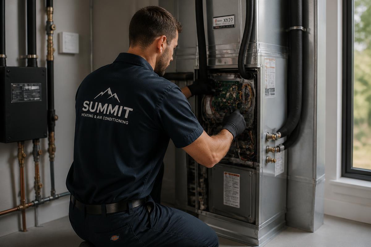 HVAC technician inspecting a residential air handler unit