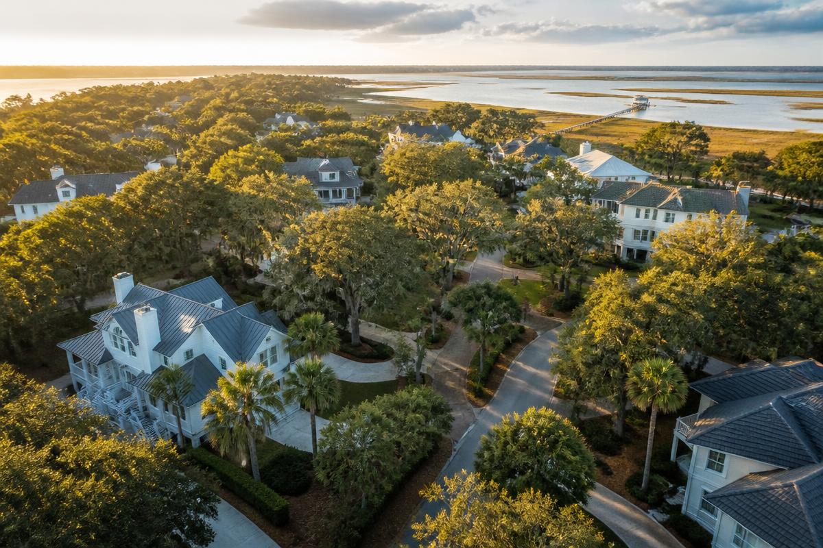 Aerial view of coastal Georgia or South Carolina Lowcountry residential neighborhood